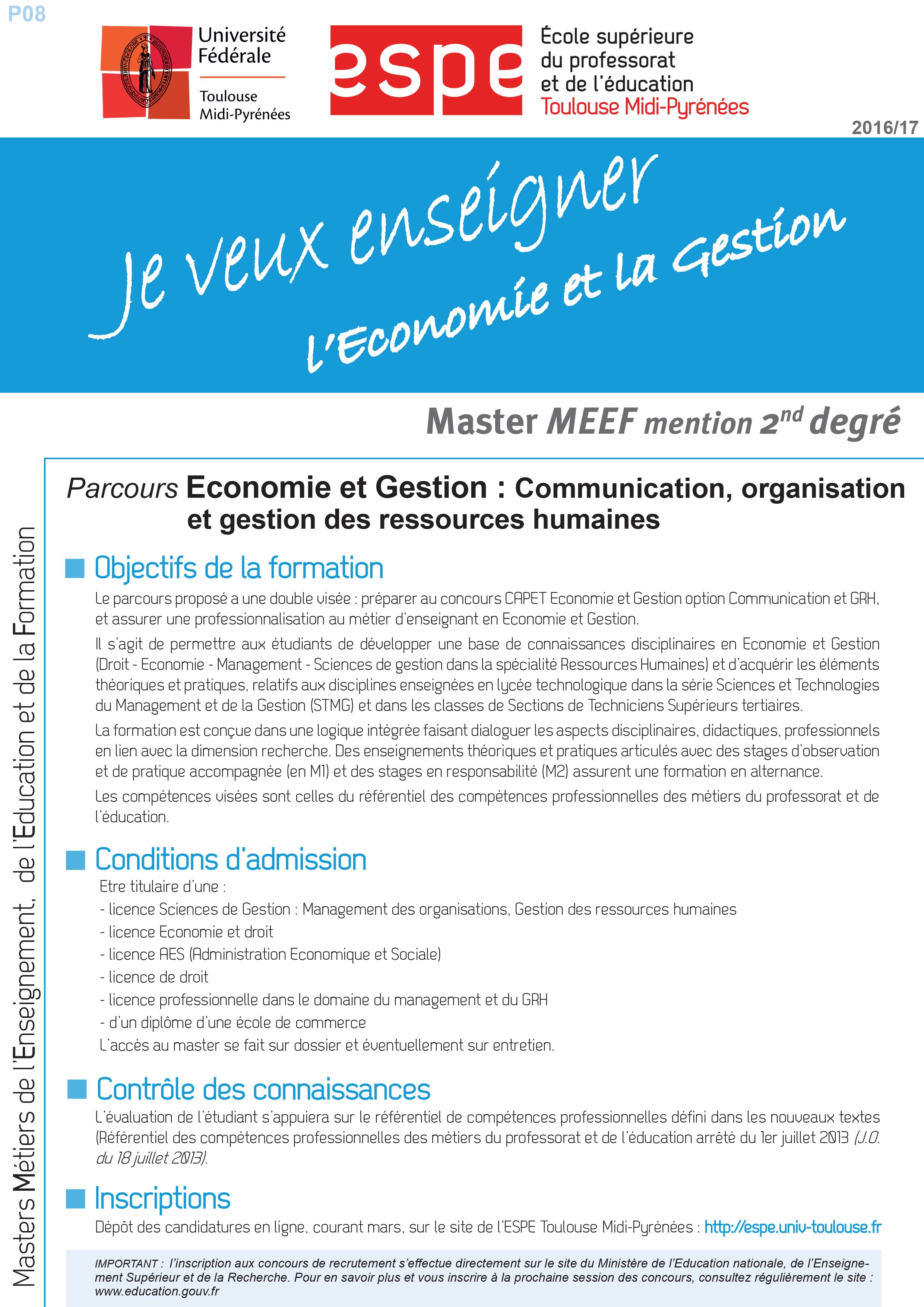 Master MEEF Economie et Gestion : Communication, organisation et gestion des ressources humaines Master MEEF Economie et Gestion : Communication, organisation et gestion des ressources humaines