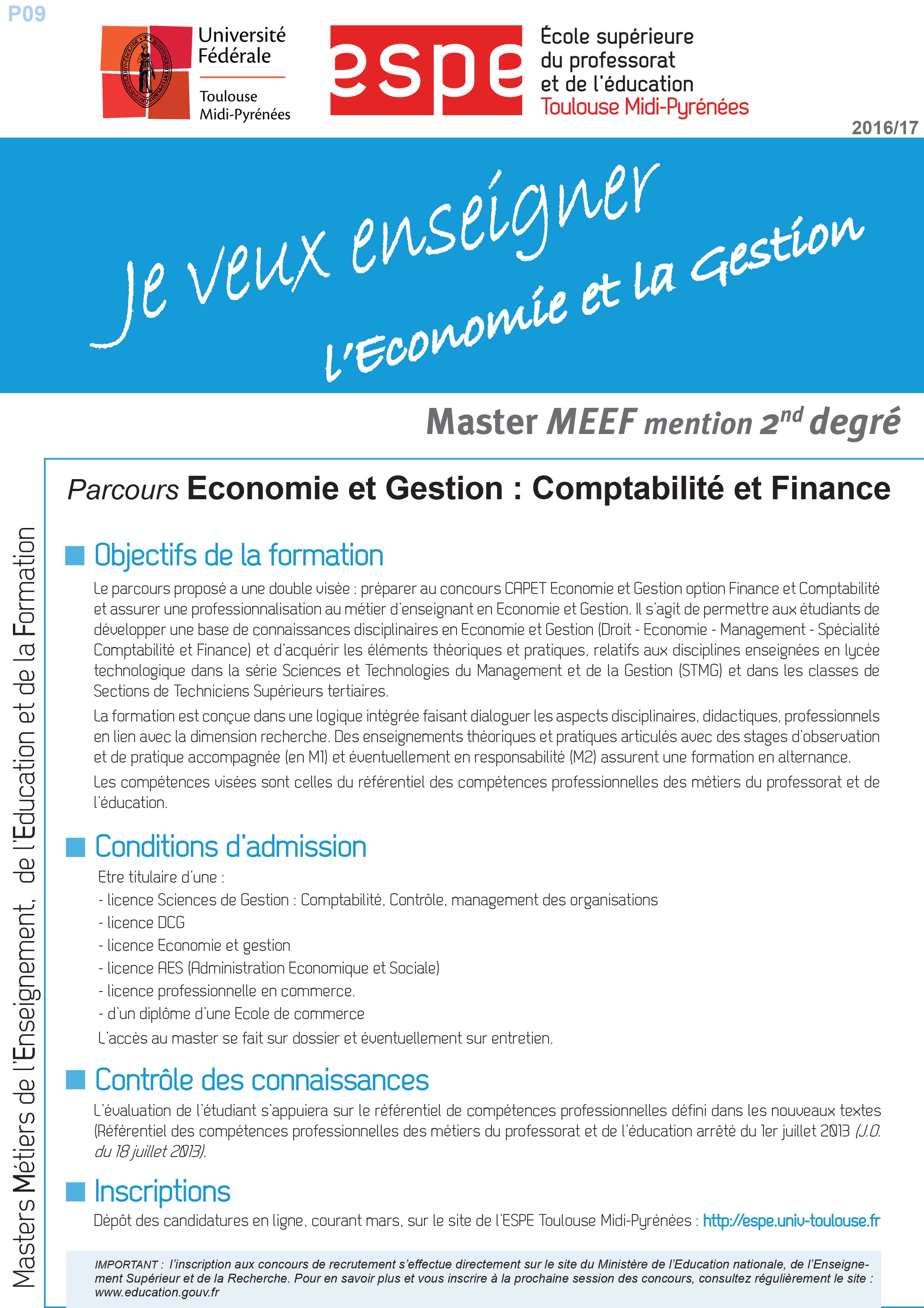 Master MEEF Economie et Gestion : Comptabilité et finance Master MEEF Economie et Gestion : Comptabilité et finance