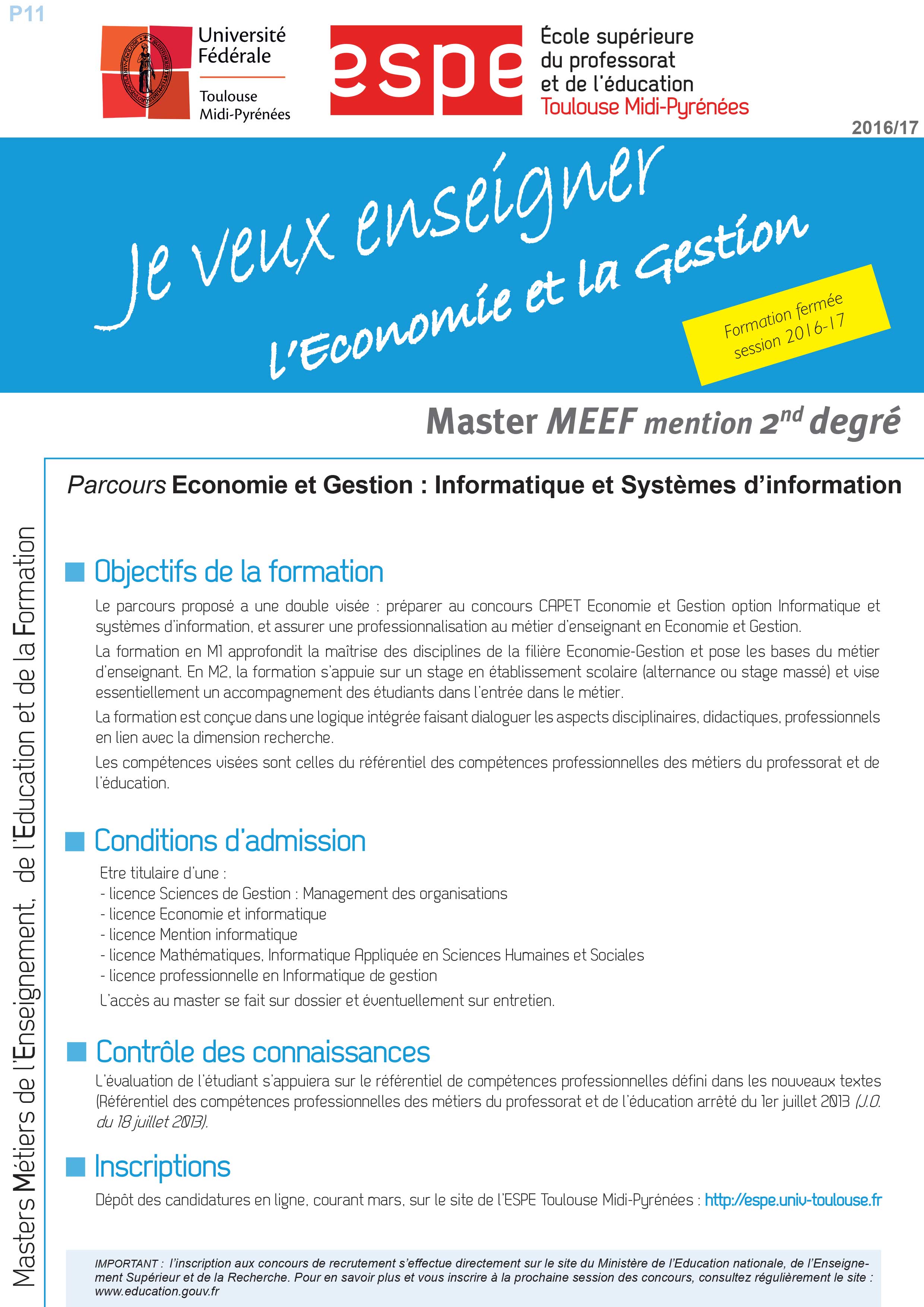Master MEEF Economie et Gestion : Informatique et systèmes d'information Master MEEF Economie et Gestion : Informatique et systèmes d'information
