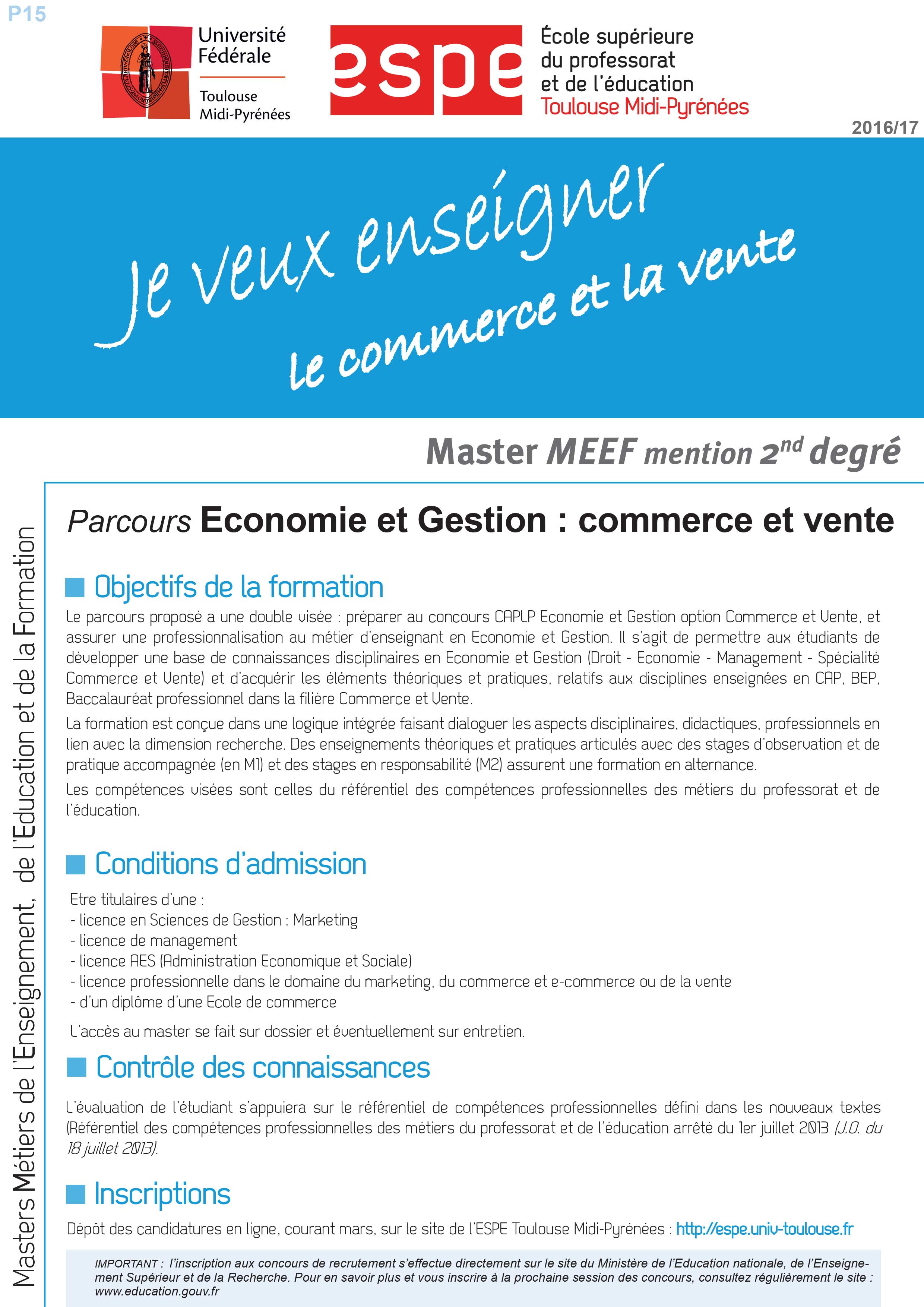 Master MEEF Economie et Gestion : Commerce et vente Master MEEF Economie et Gestion : Commerce et vente